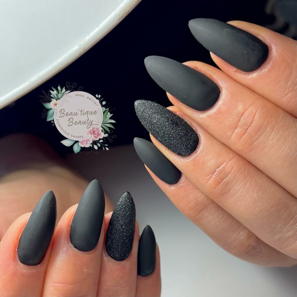 Sophisticated Chic: Matt Black Nail Art with Textured Accent