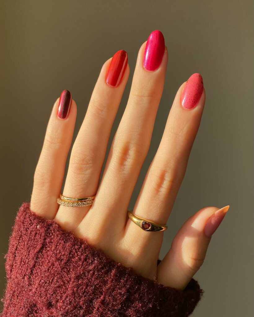 Sunset Ombre: Vibrant Red to Pink Gradient Nail Inspiration