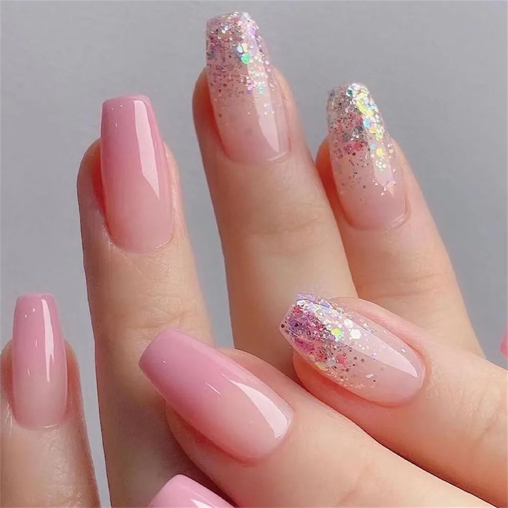White Coffin Nails Pink Glitter Ombre