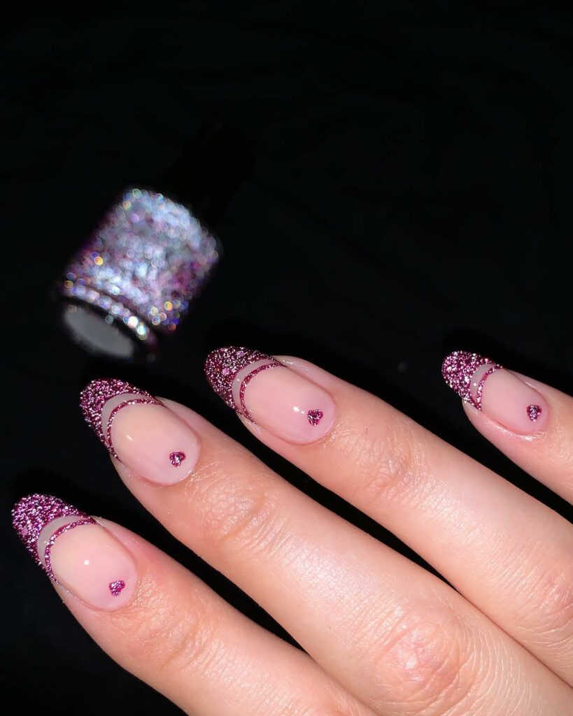 Glittery Pink Valentine's Nails with Tiny Hearts