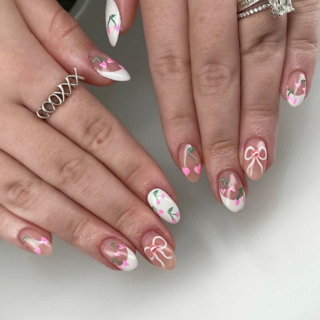 Gorgeous Valentine's Day Nail Design with Hearts, Bow & Leafy Accents
