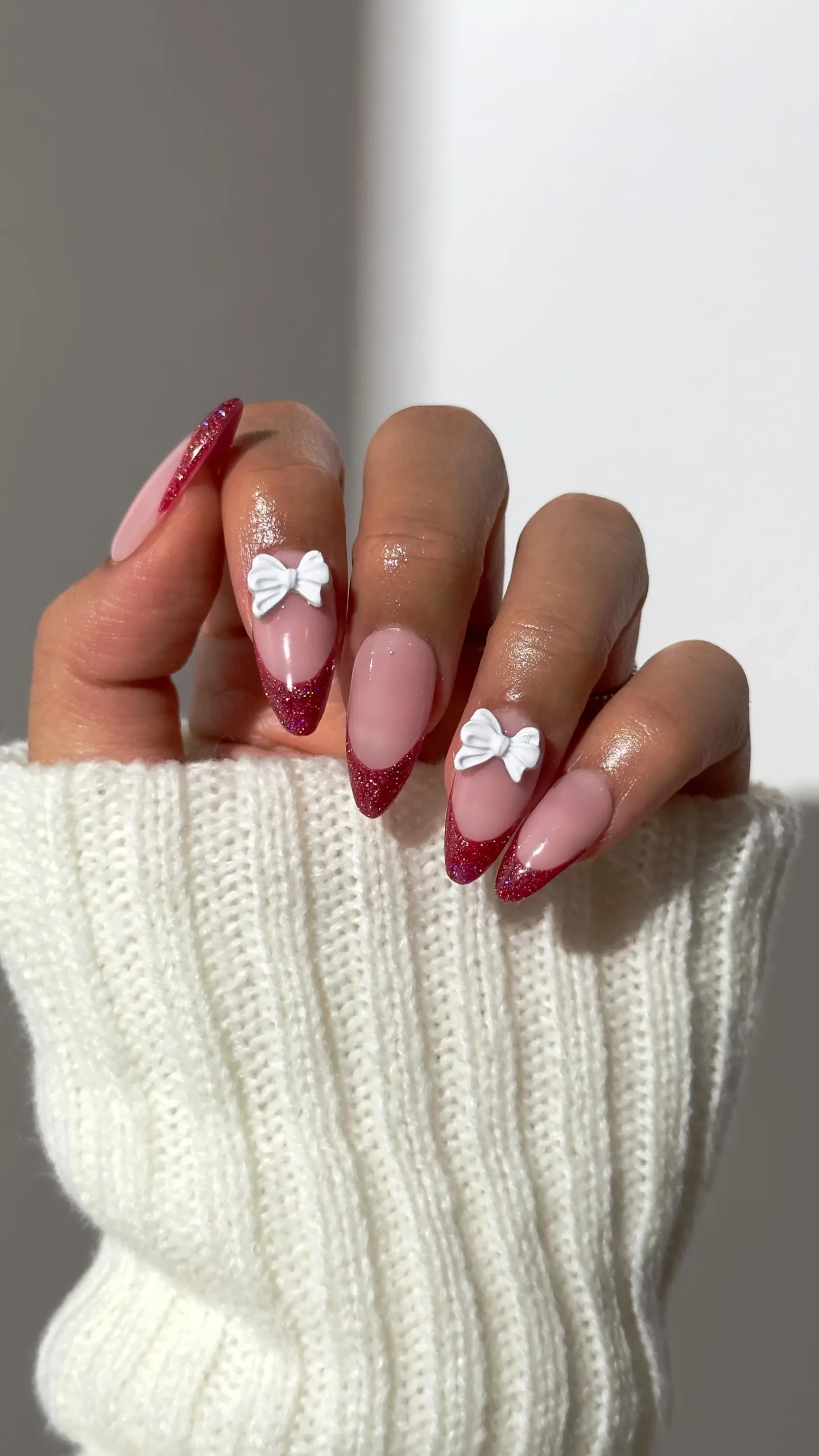 Romantic Valentine's Day Nails: Pink Base, Sparkling Red Tips